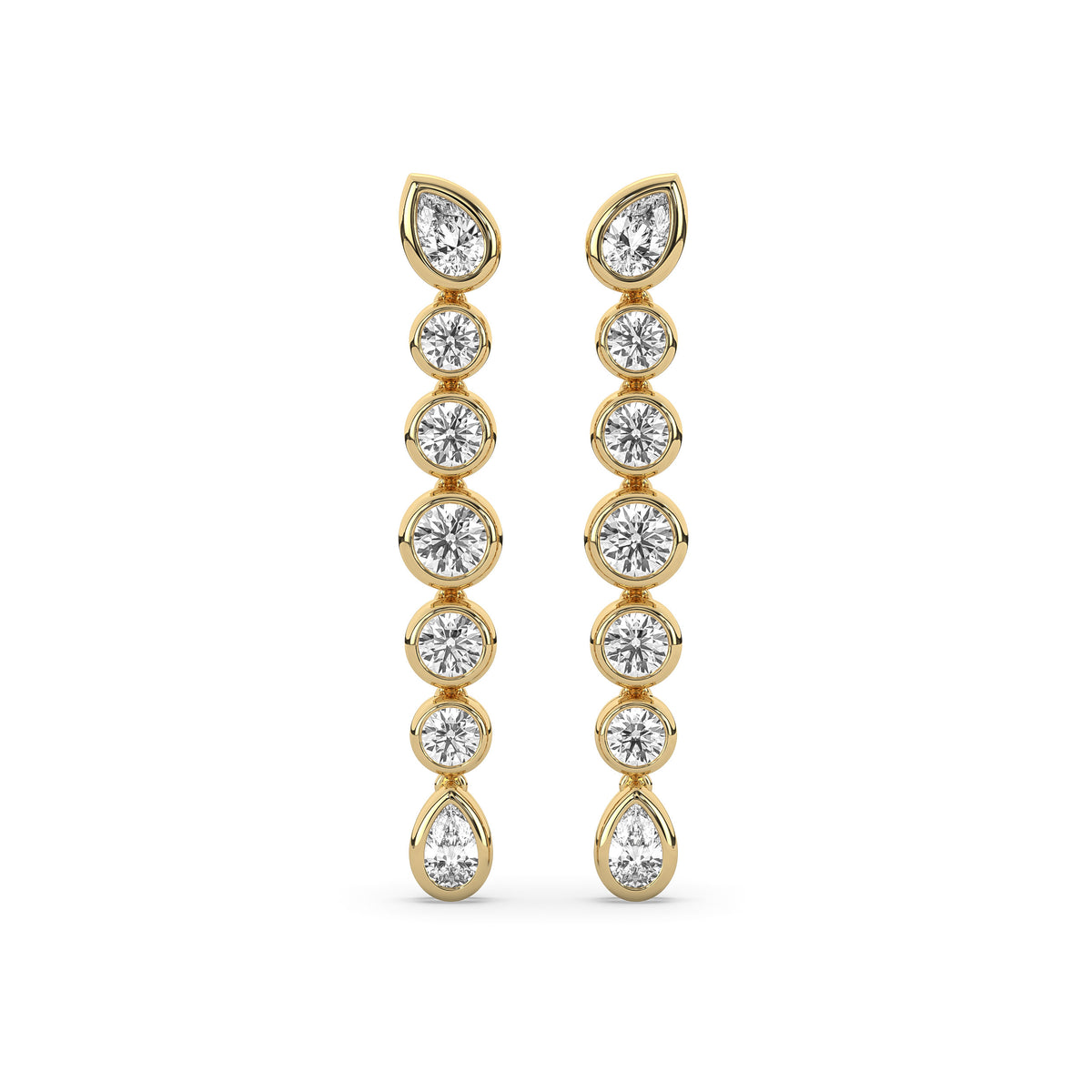 14k yellow gold drop earring with graduated round lab-grown diamonds between two pear-shaped diamonds