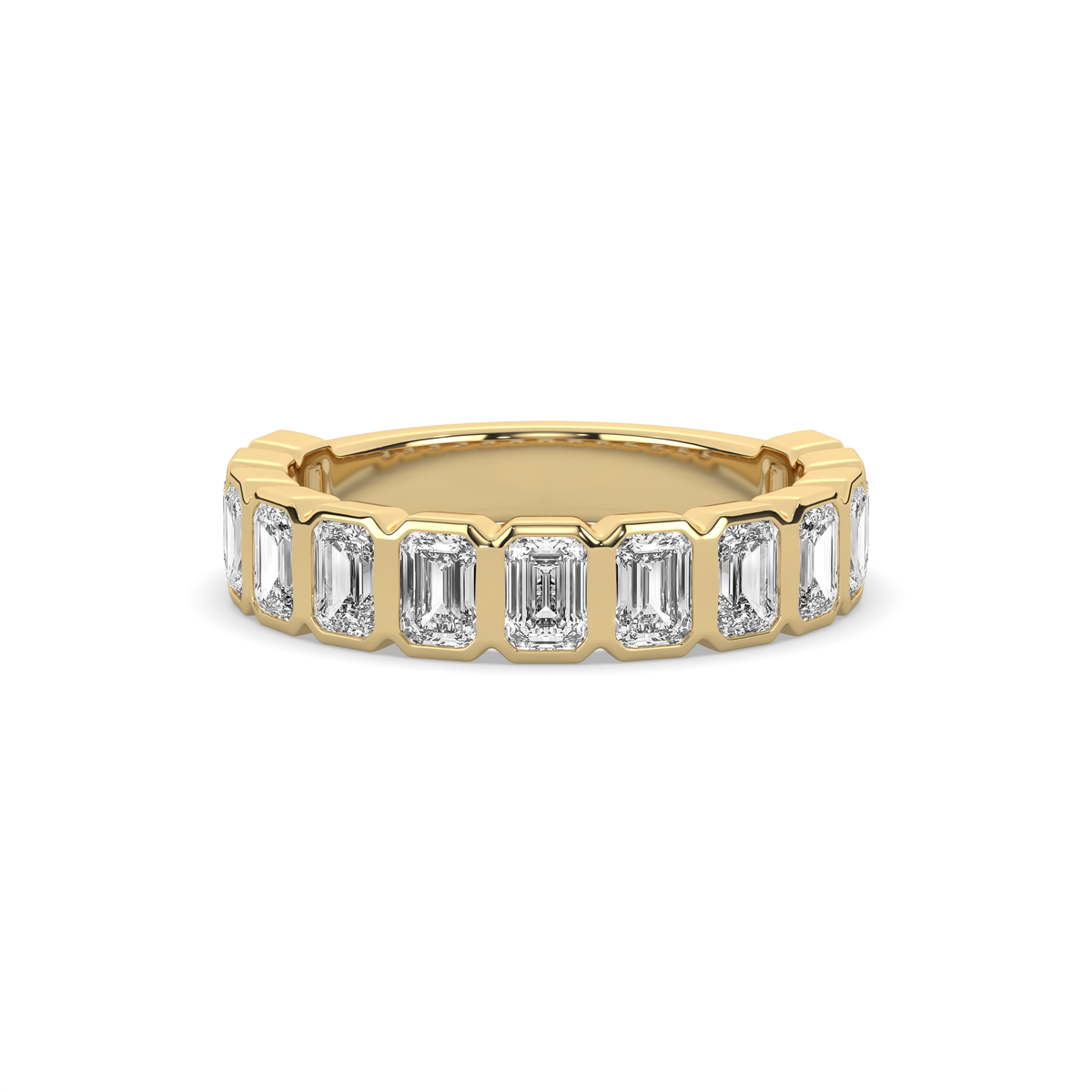 14k gold ring set with a row of emerald-cut lab-grown diamonds in a multi-stone setting