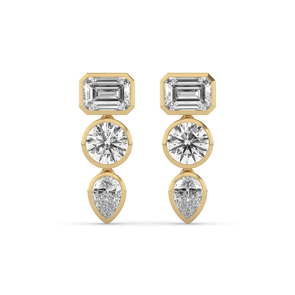 14k yellow gold drop earring with an emerald-cut, round, and pear-shaped lab-grown diamond arranged vertically