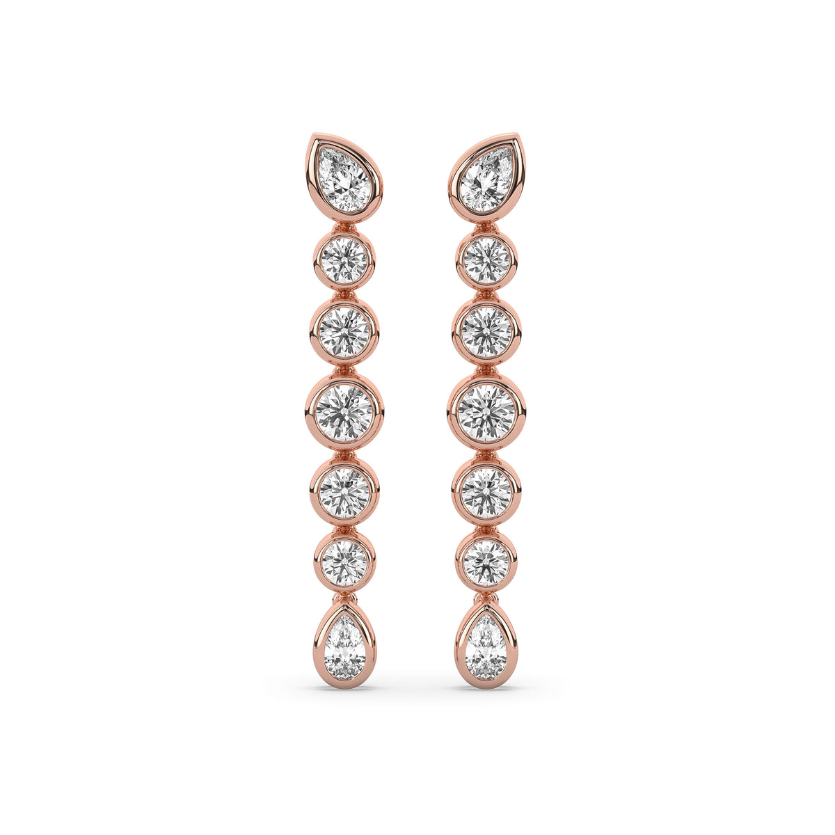 14k yellow gold drop earring with graduated round lab-grown diamonds between two pear-shaped diamonds