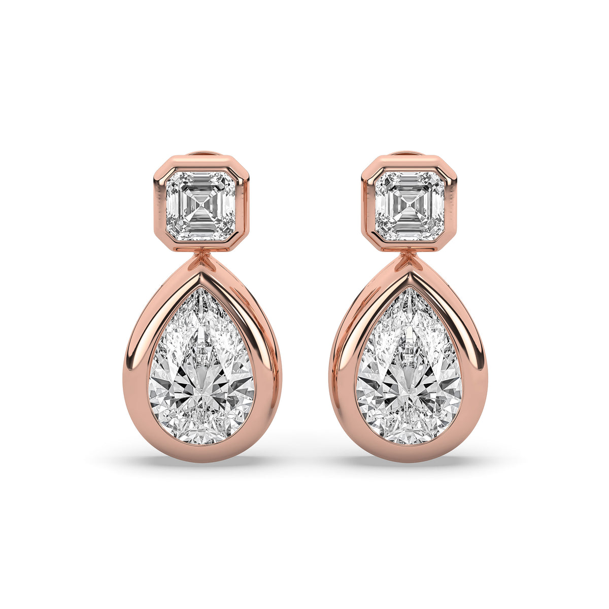 14k yellow gold drop earring pairing a square emerald-cut lab-grown diamond with a pear-shaped diamond below it