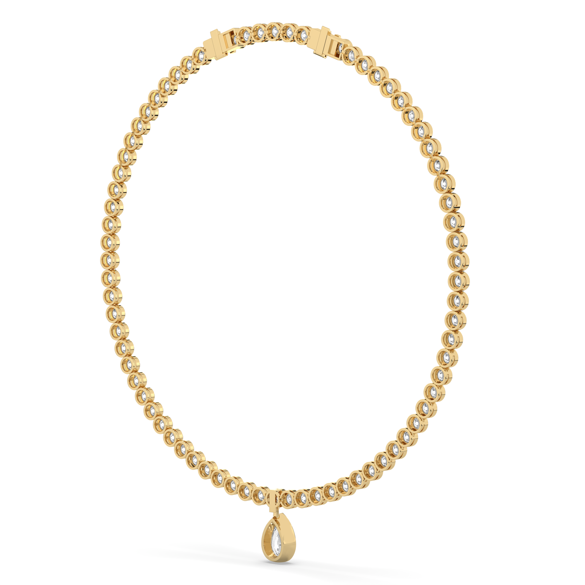 14k yellow gold necklace with a line of round lab-grown diamonds and a single pear-shaped diamond at the center
