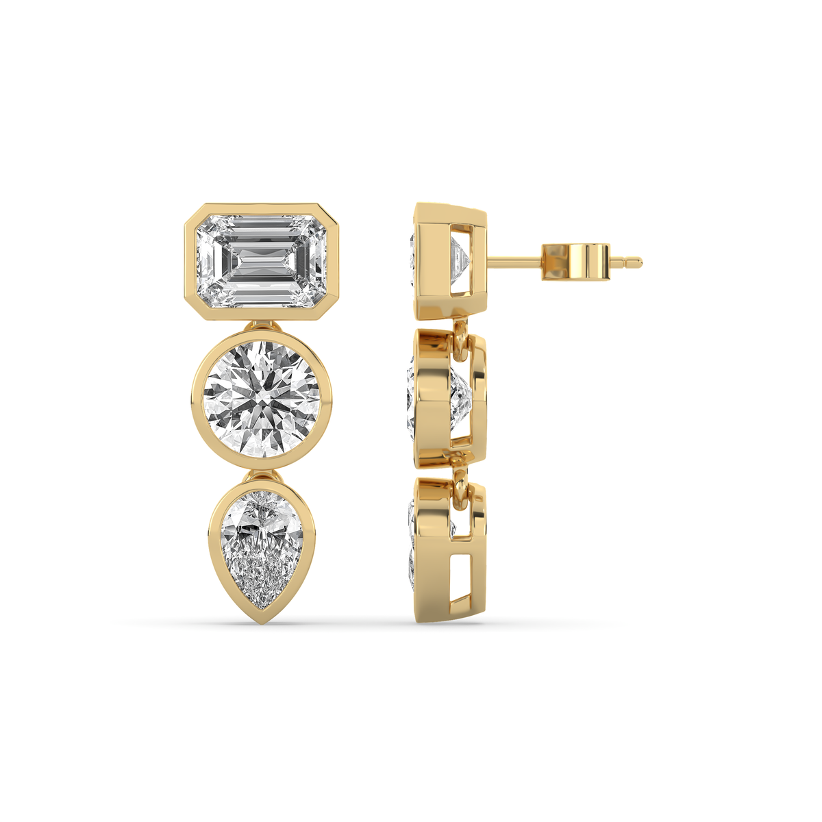 14k yellow gold drop earring with an emerald-cut, round, and pear-shaped lab-grown diamond arranged vertically