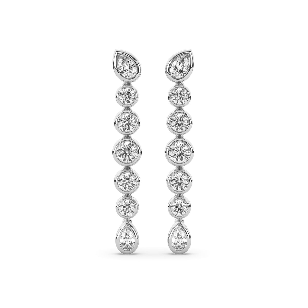 14k yellow gold drop earring with graduated round lab-grown diamonds between two pear-shaped diamonds