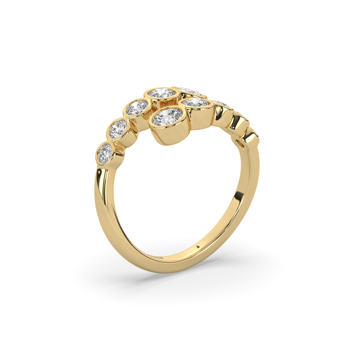 14k yellow gold ring set with two graduated rows of oval lab-grown diamonds