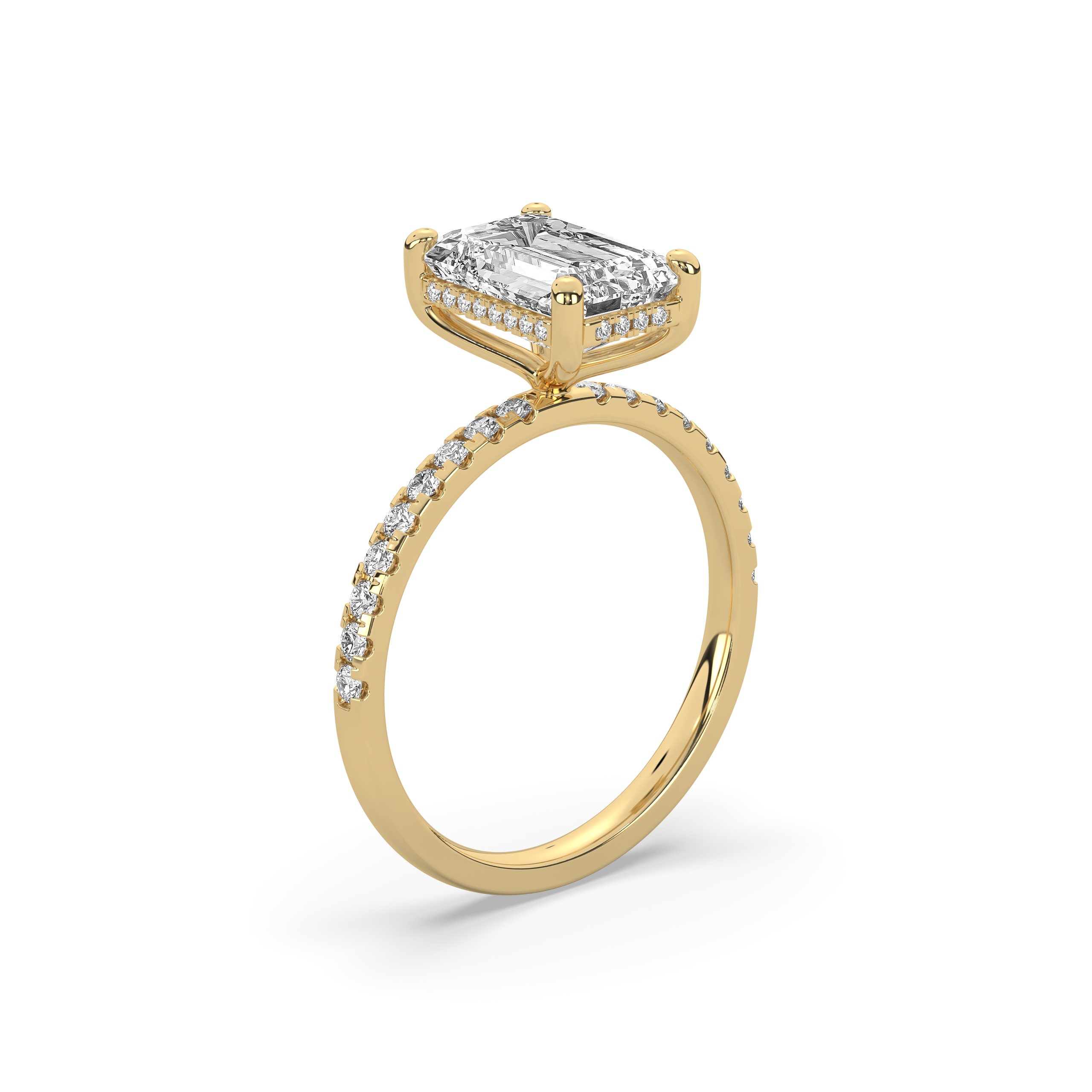 Emerald Cut Diamond with Hidden Halo & Pavé Band Engagement Ring