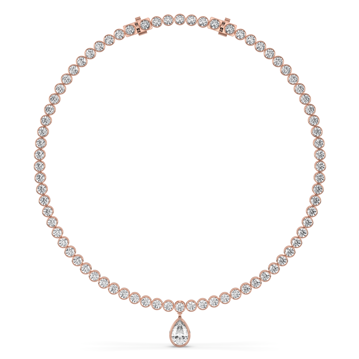 14k yellow gold necklace with a line of round lab-grown diamonds and a single pear-shaped diamond at the center