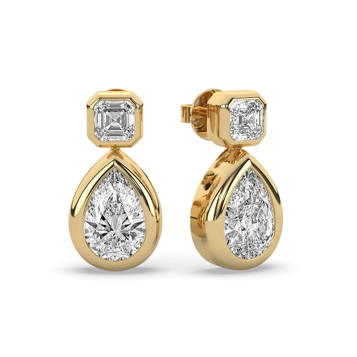 14k yellow gold drop earring pairing a square emerald-cut lab-grown diamond with a pear-shaped diamond below it