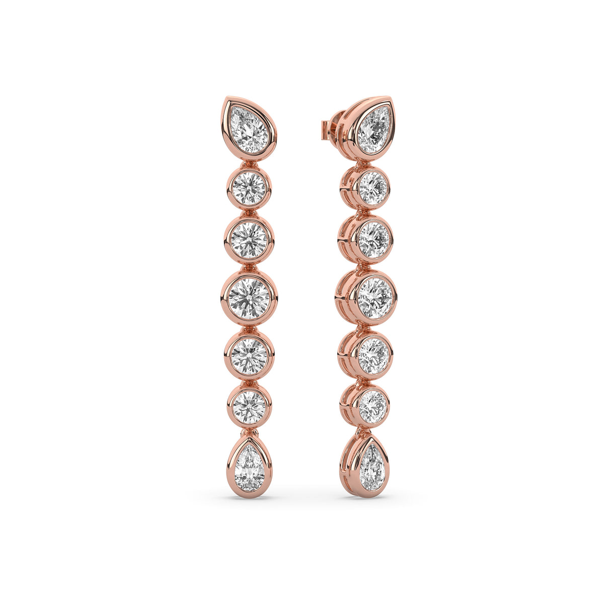 14k yellow gold drop earring with graduated round lab-grown diamonds between two pear-shaped diamonds