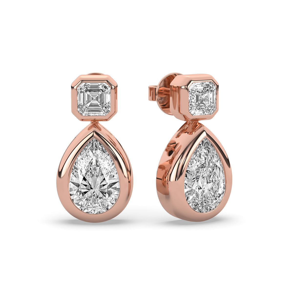 14k yellow gold drop earring pairing a square emerald-cut lab-grown diamond with a pear-shaped diamond below it