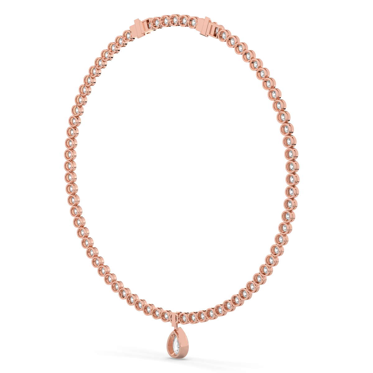 14k yellow gold necklace with a line of round lab-grown diamonds and a single pear-shaped diamond at the center