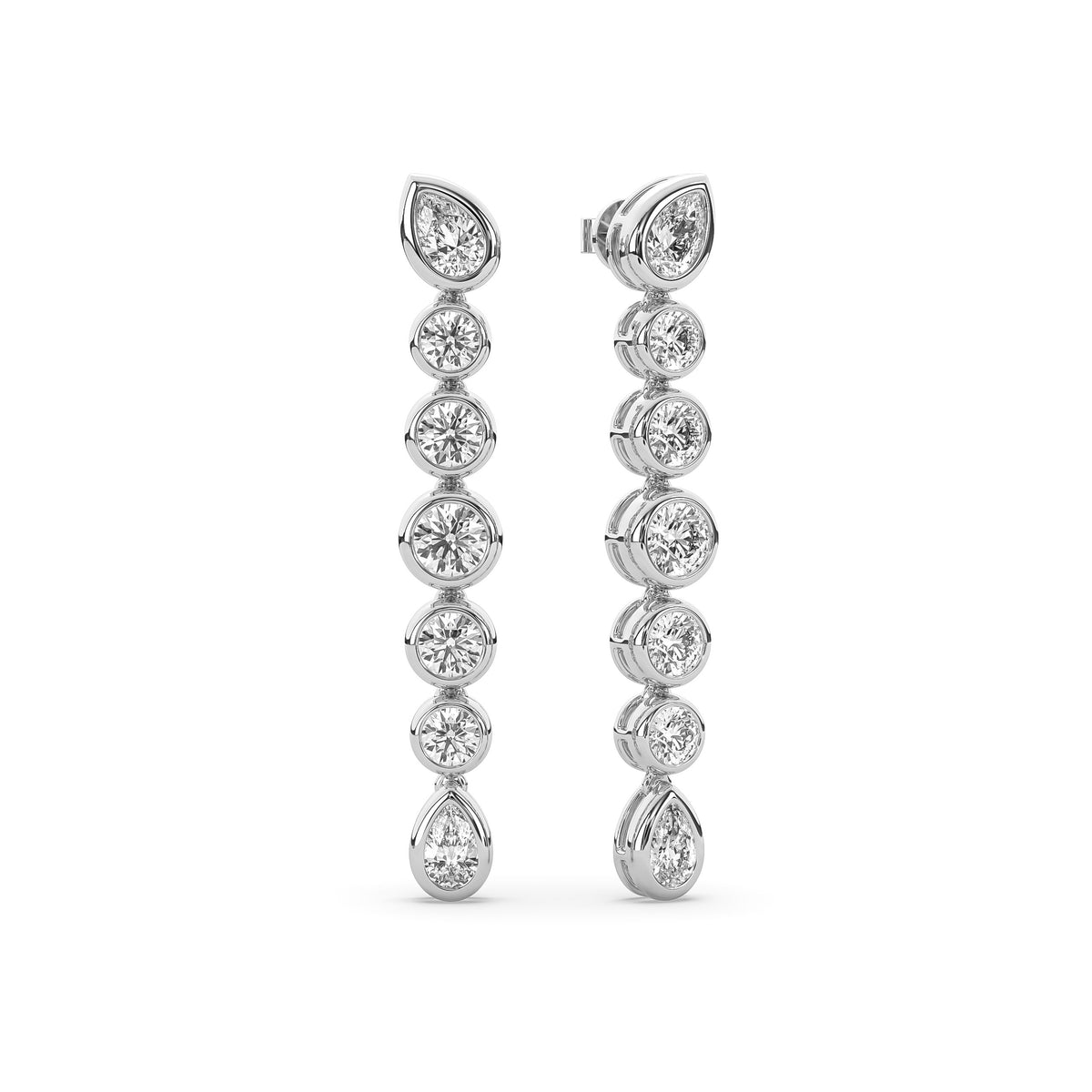 14k yellow gold drop earring with graduated round lab-grown diamonds between two pear-shaped diamonds