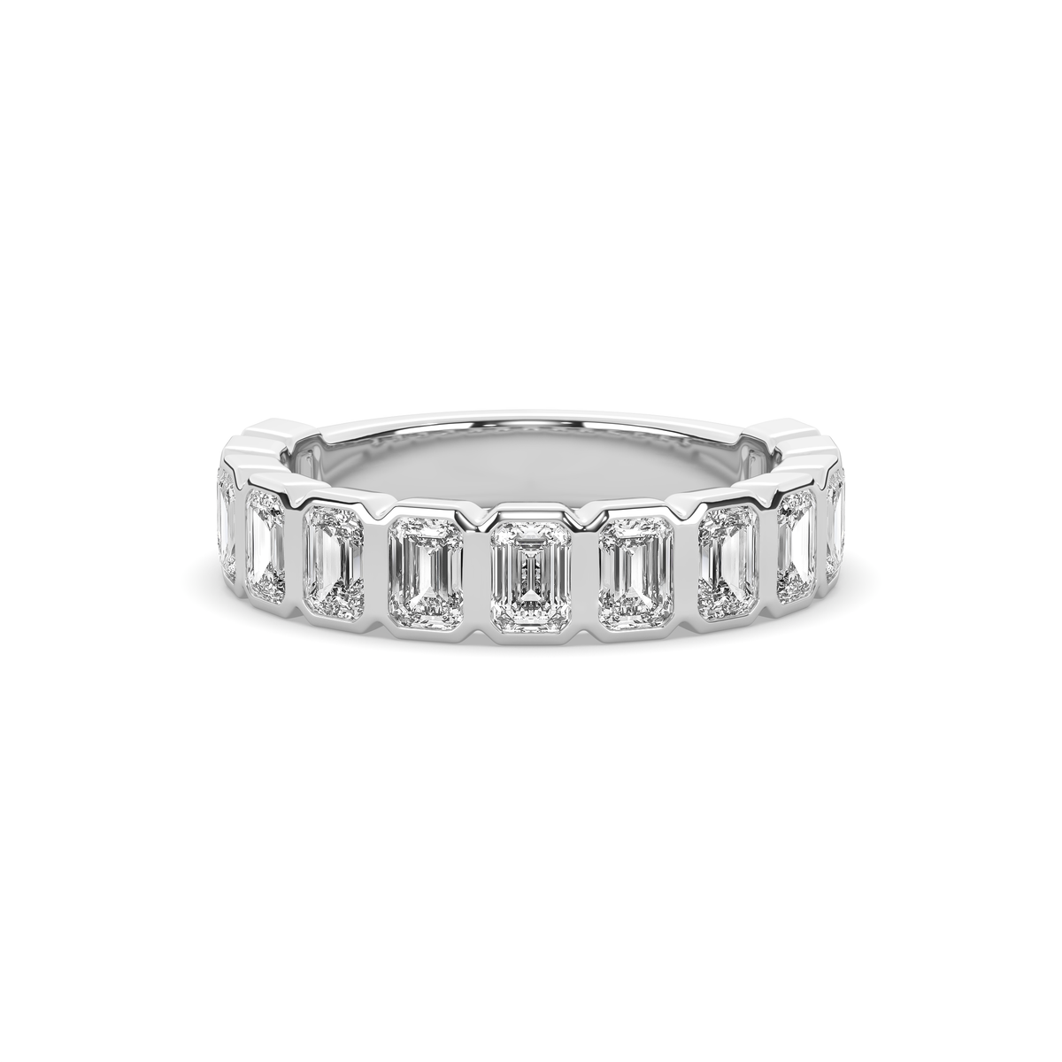 14k gold ring set with a row of emerald-cut lab-grown diamonds in a multi-stone setting