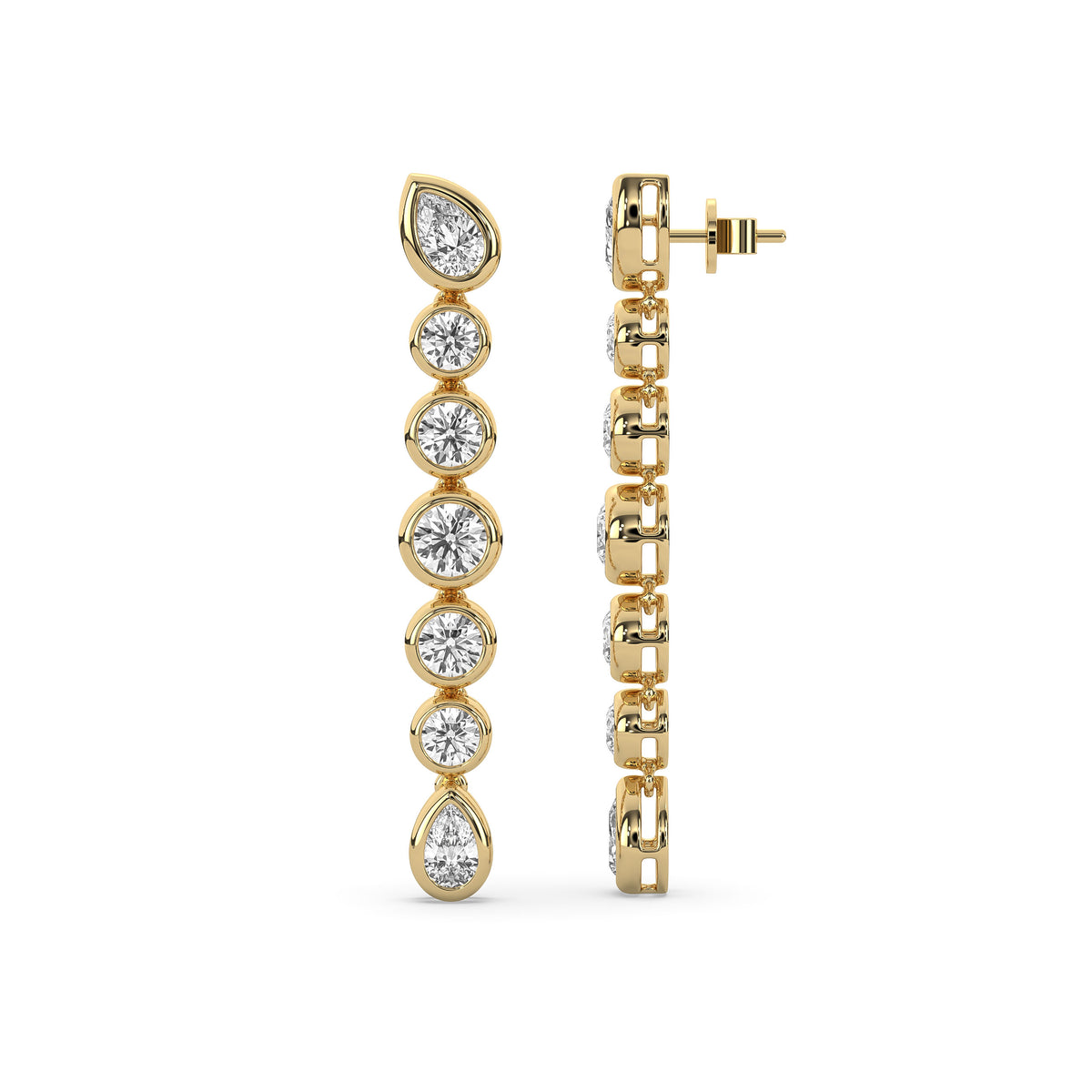 14k yellow gold drop earring with graduated round lab-grown diamonds between two pear-shaped diamonds
