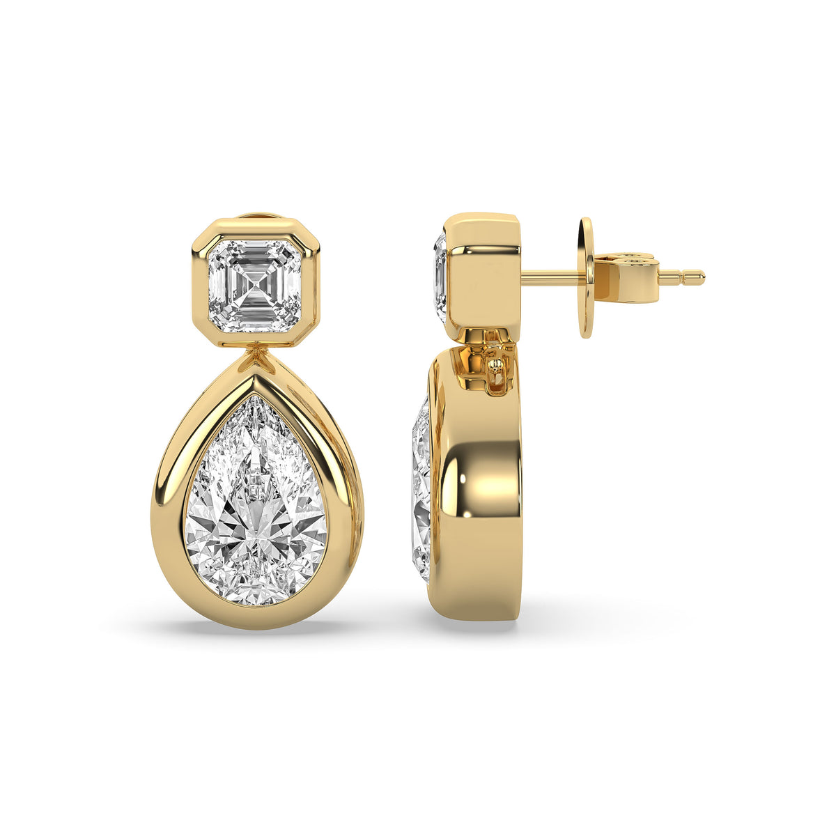 14k yellow gold drop earring pairing a square emerald-cut lab-grown diamond with a pear-shaped diamond below it