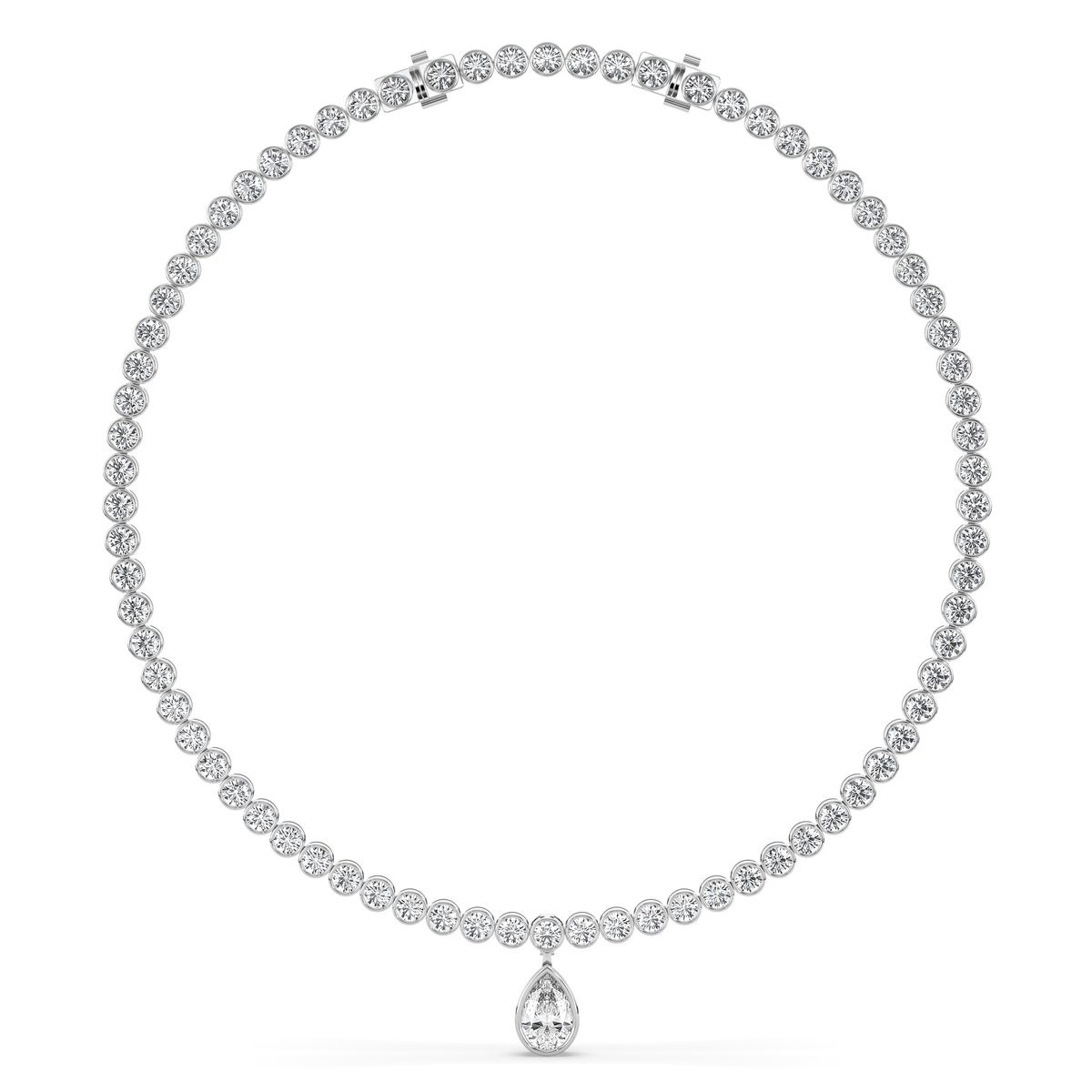 14k yellow gold necklace with a line of round lab-grown diamonds and a single pear-shaped diamond at the center