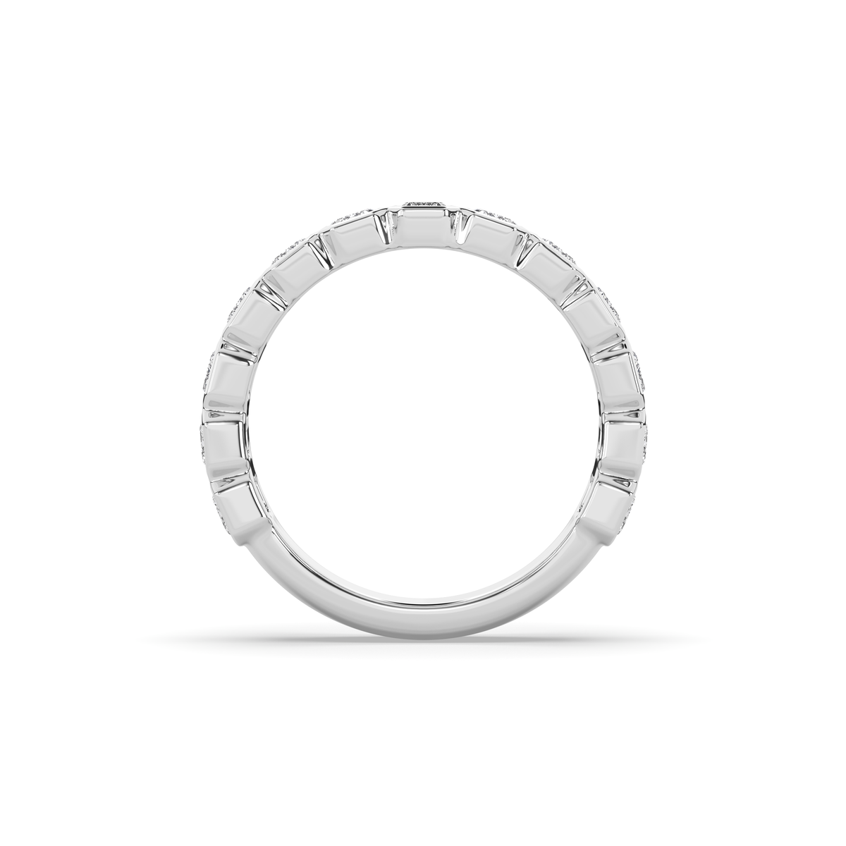 14k gold ring set with a row of emerald-cut lab-grown diamonds in a multi-stone setting