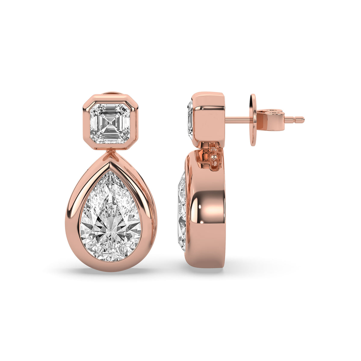 14k yellow gold drop earring pairing a square emerald-cut lab-grown diamond with a pear-shaped diamond below it