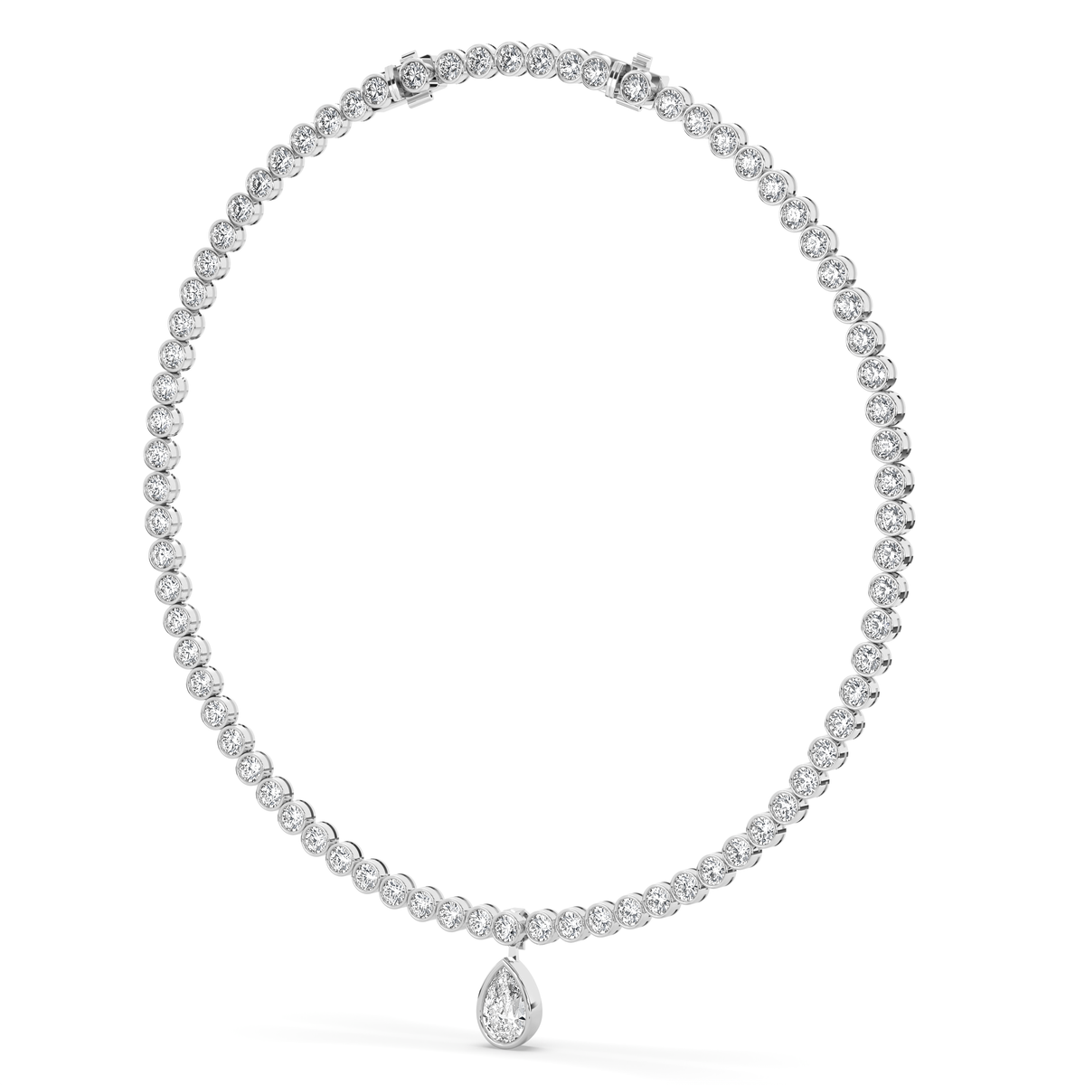 14k yellow gold necklace with a line of round lab-grown diamonds and a single pear-shaped diamond at the center