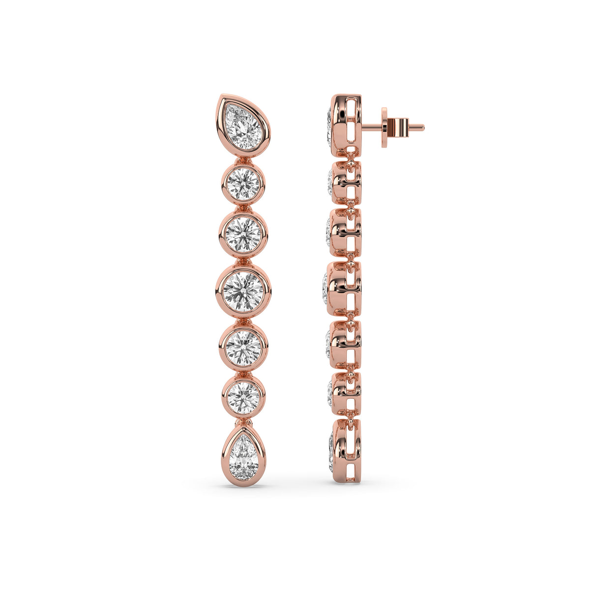 14k yellow gold drop earring with graduated round lab-grown diamonds between two pear-shaped diamonds