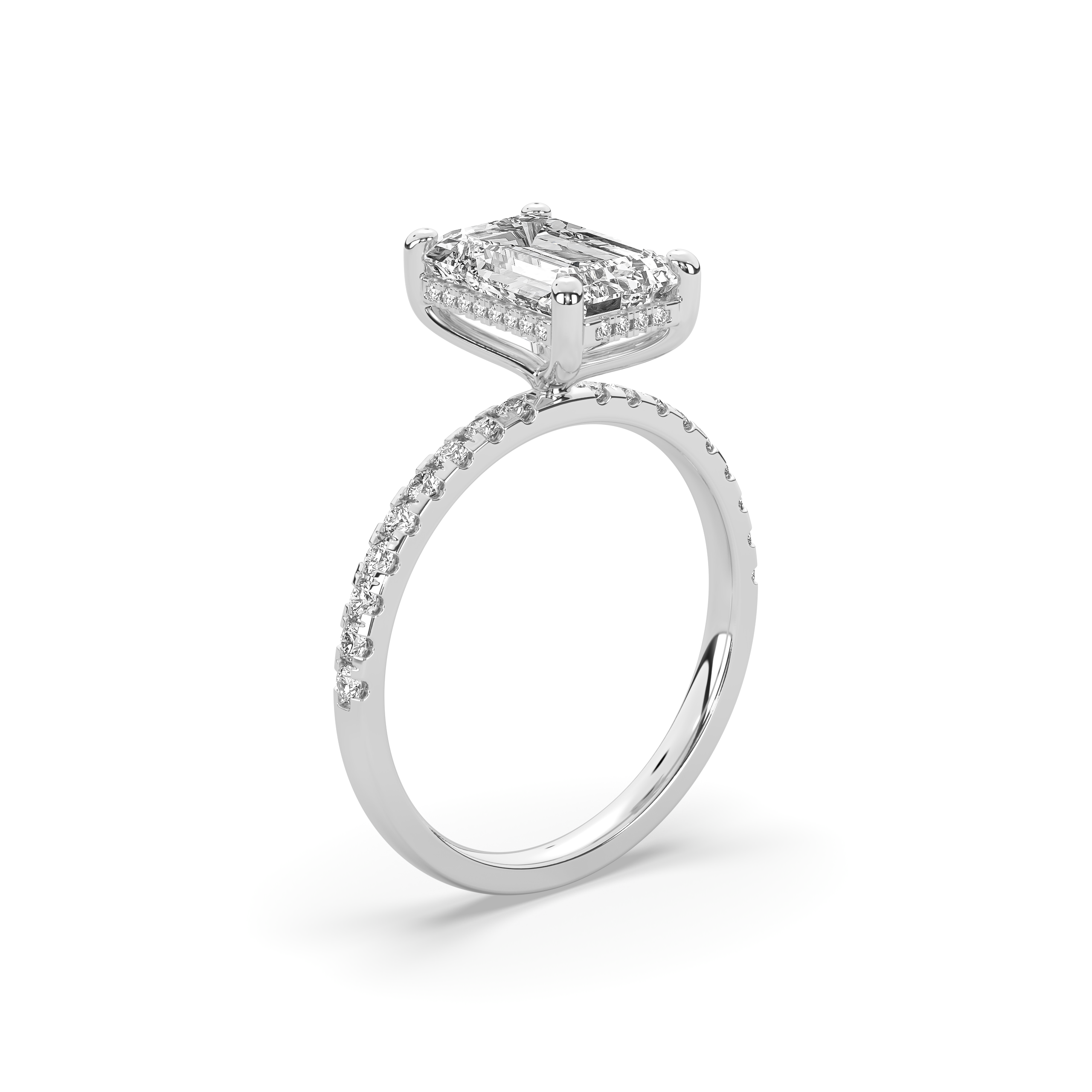 Emerald Cut Diamond with Hidden Halo & Pavé Band Engagement Ring