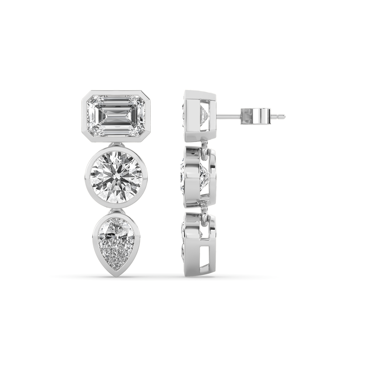 14k yellow gold drop earring with an emerald-cut, round, and pear-shaped lab-grown diamond arranged vertically