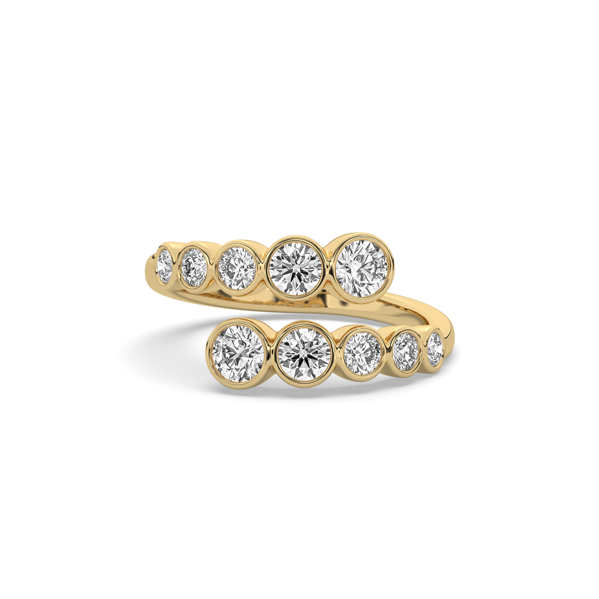14k yellow gold ring set with two graduated rows of oval lab-grown diamonds