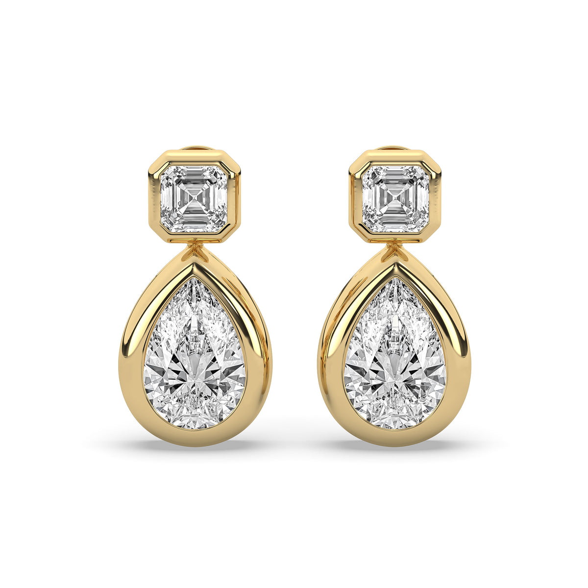 14k yellow gold drop earring pairing a square emerald-cut lab-grown diamond with a pear-shaped diamond below it