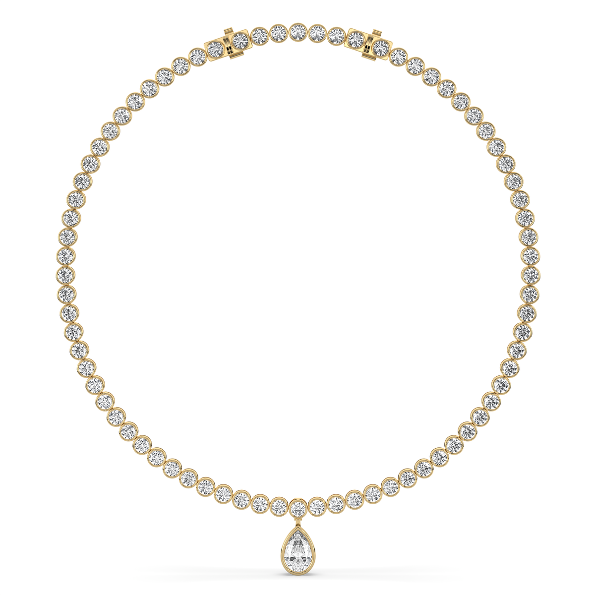 14k yellow gold necklace with a line of round lab-grown diamonds and a single pear-shaped diamond at the center
