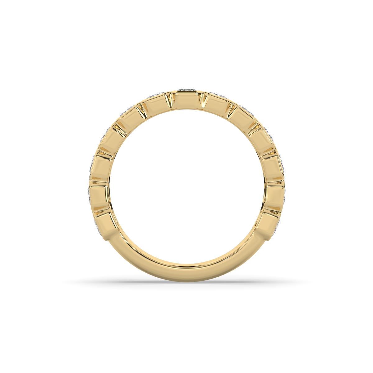 14k gold ring set with a row of emerald-cut lab-grown diamonds in a multi-stone setting