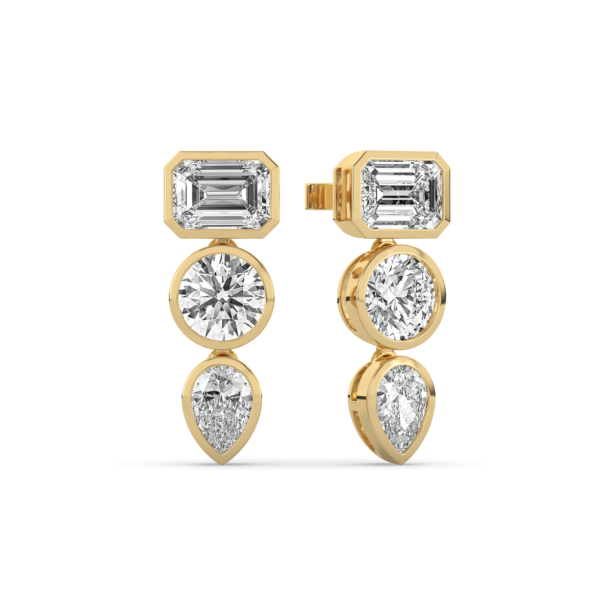 14k yellow gold drop earring with an emerald-cut, round, and pear-shaped lab-grown diamond arranged vertically