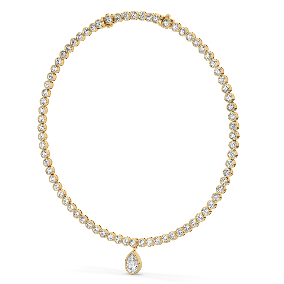 14k yellow gold necklace with a line of round lab-grown diamonds and a single pear-shaped diamond at the center