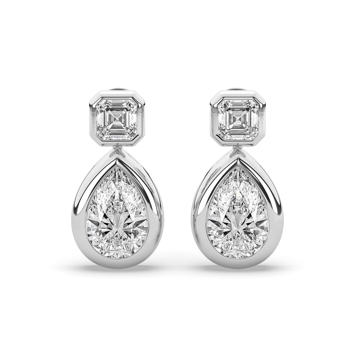 14k yellow gold drop earring pairing a square emerald-cut lab-grown diamond with a pear-shaped diamond below it