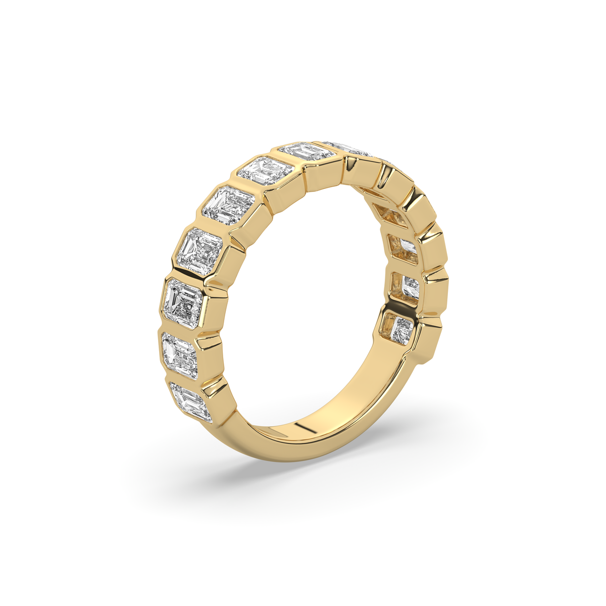 14k gold ring set with a row of emerald-cut lab-grown diamonds in a multi-stone setting