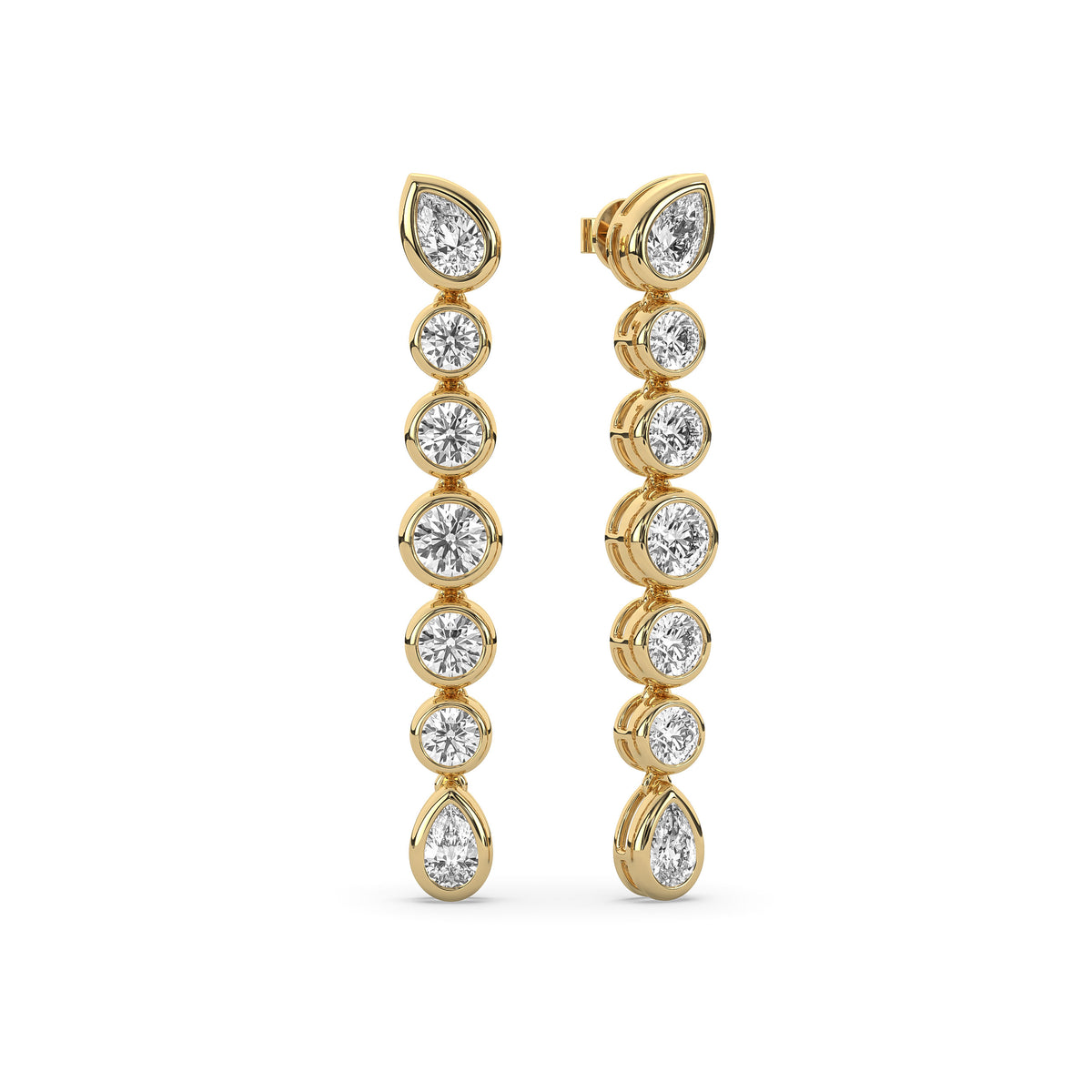 14k yellow gold drop earring with graduated round lab-grown diamonds between two pear-shaped diamonds