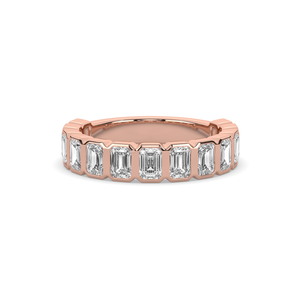 14k gold ring set with a row of emerald-cut lab-grown diamonds in a multi-stone setting