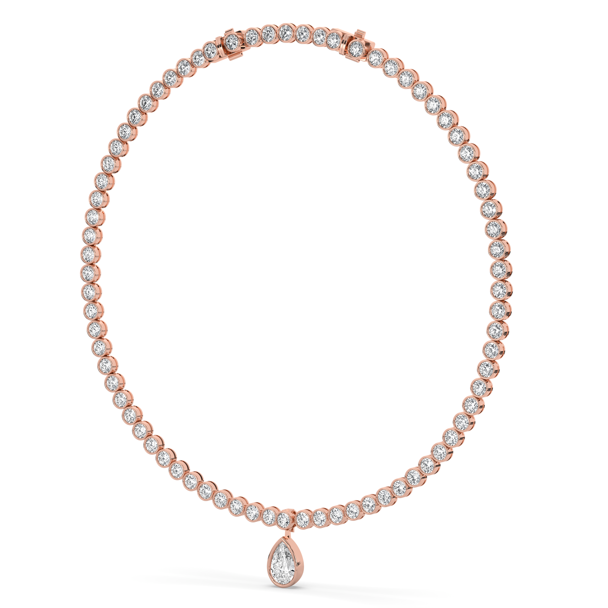 14k yellow gold necklace with a line of round lab-grown diamonds and a single pear-shaped diamond at the center
