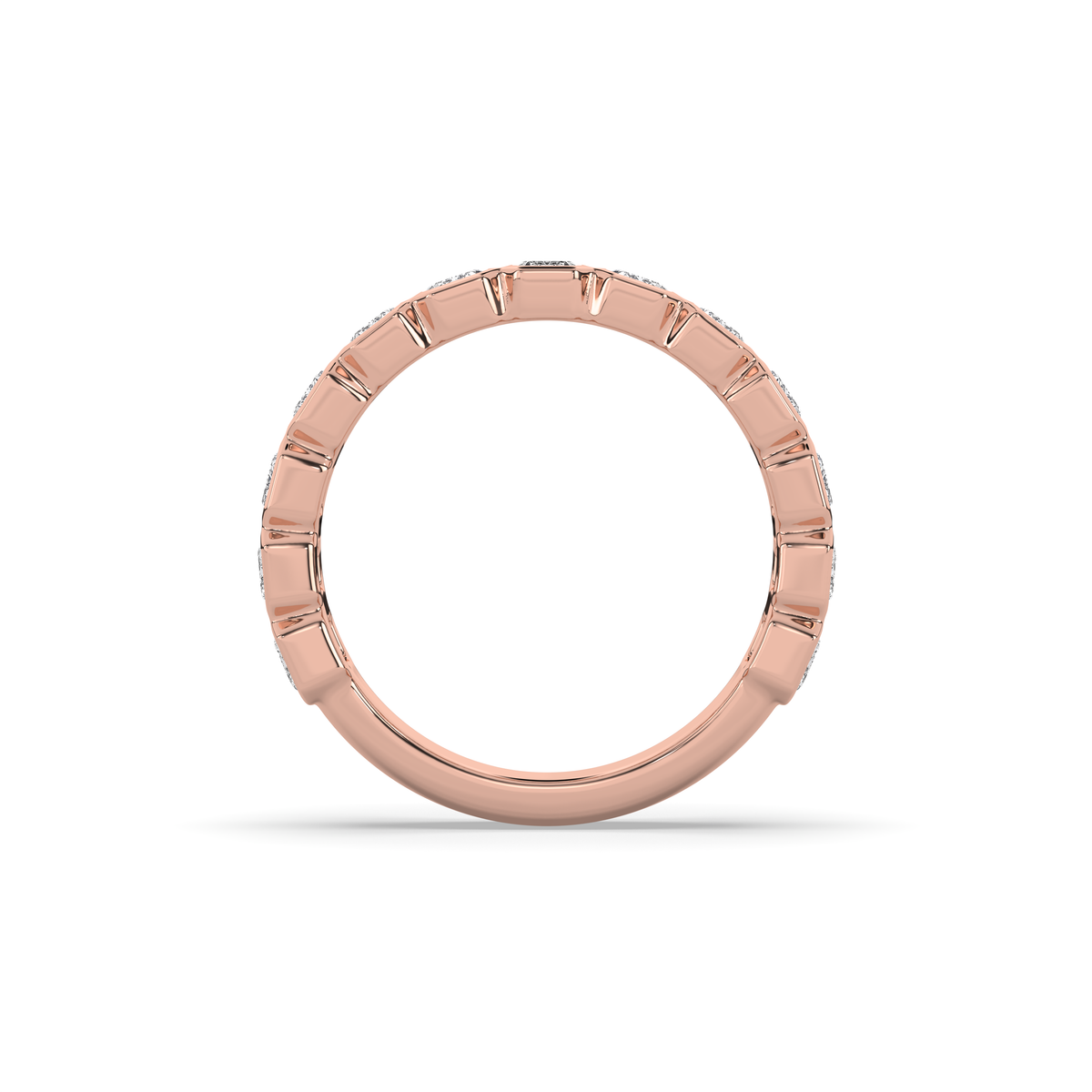 14k gold ring set with a row of emerald-cut lab-grown diamonds in a multi-stone setting