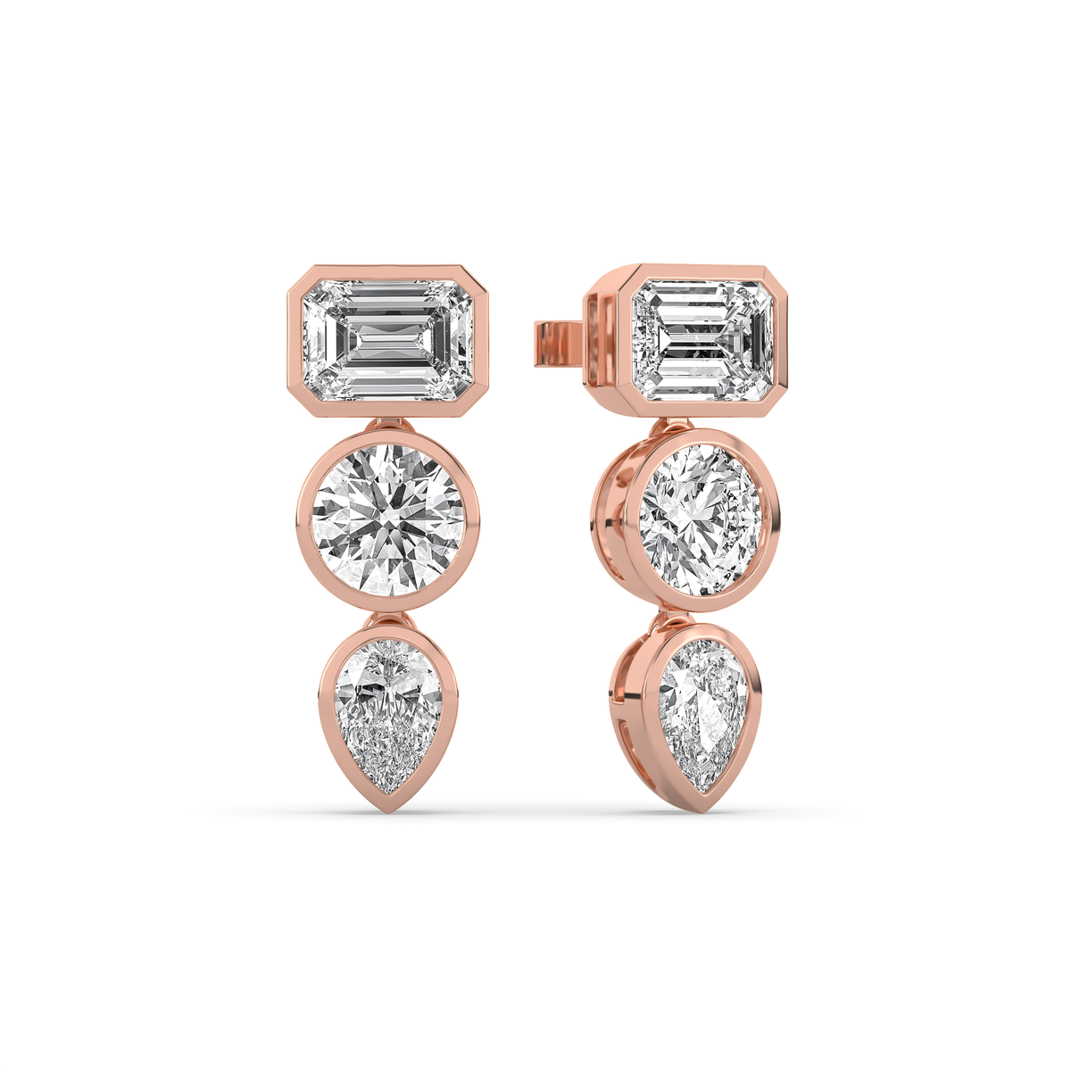 14k yellow gold drop earring with an emerald-cut, round, and pear-shaped lab-grown diamond arranged vertically