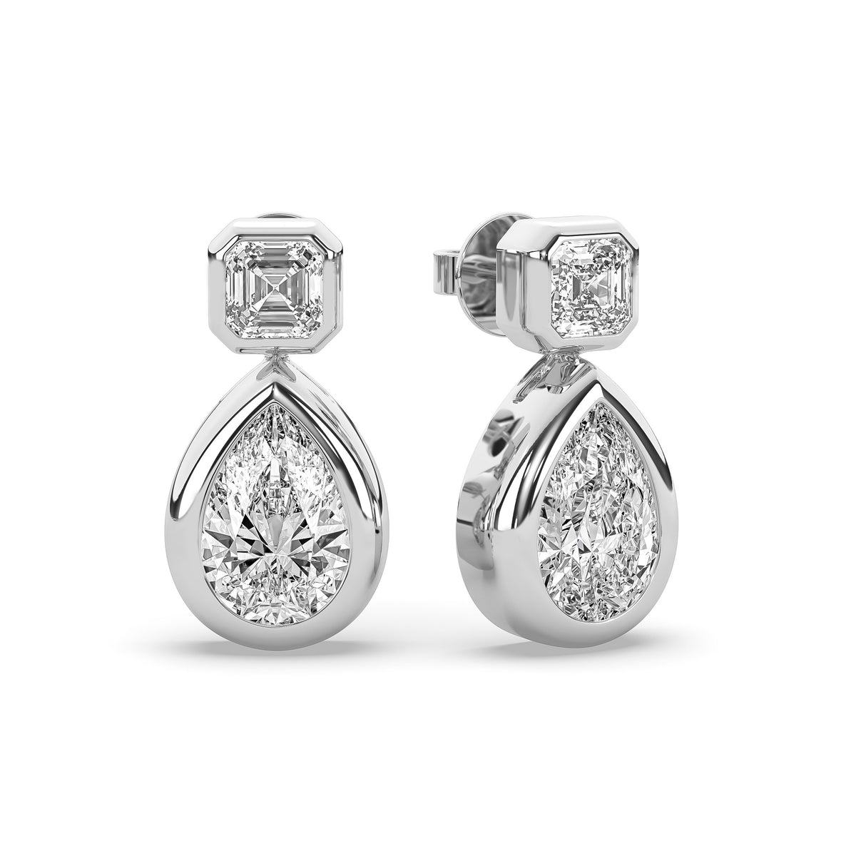 14k yellow gold drop earring pairing a square emerald-cut lab-grown diamond with a pear-shaped diamond below it