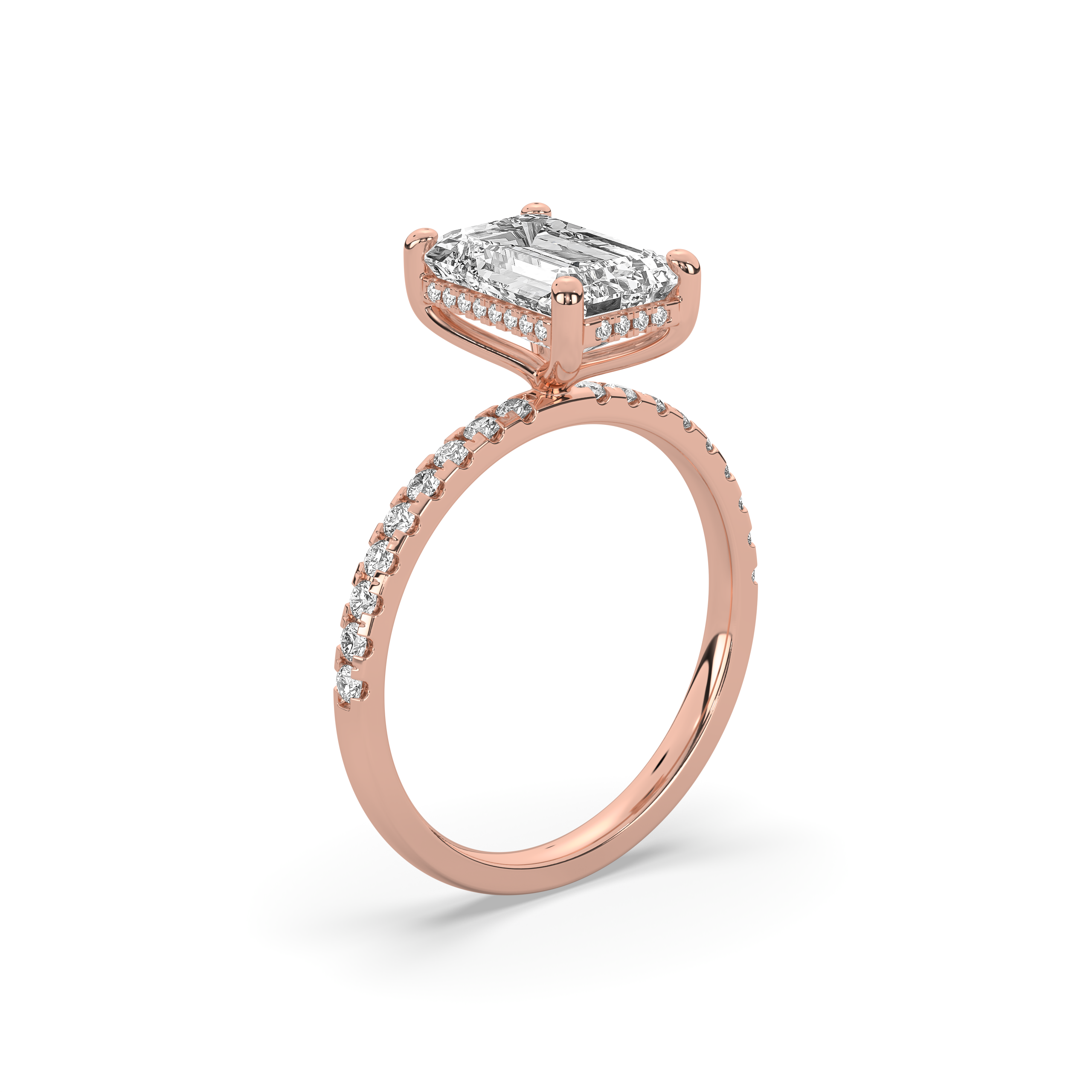 Emerald Cut Diamond with Hidden Halo & Pavé Band Engagement Ring