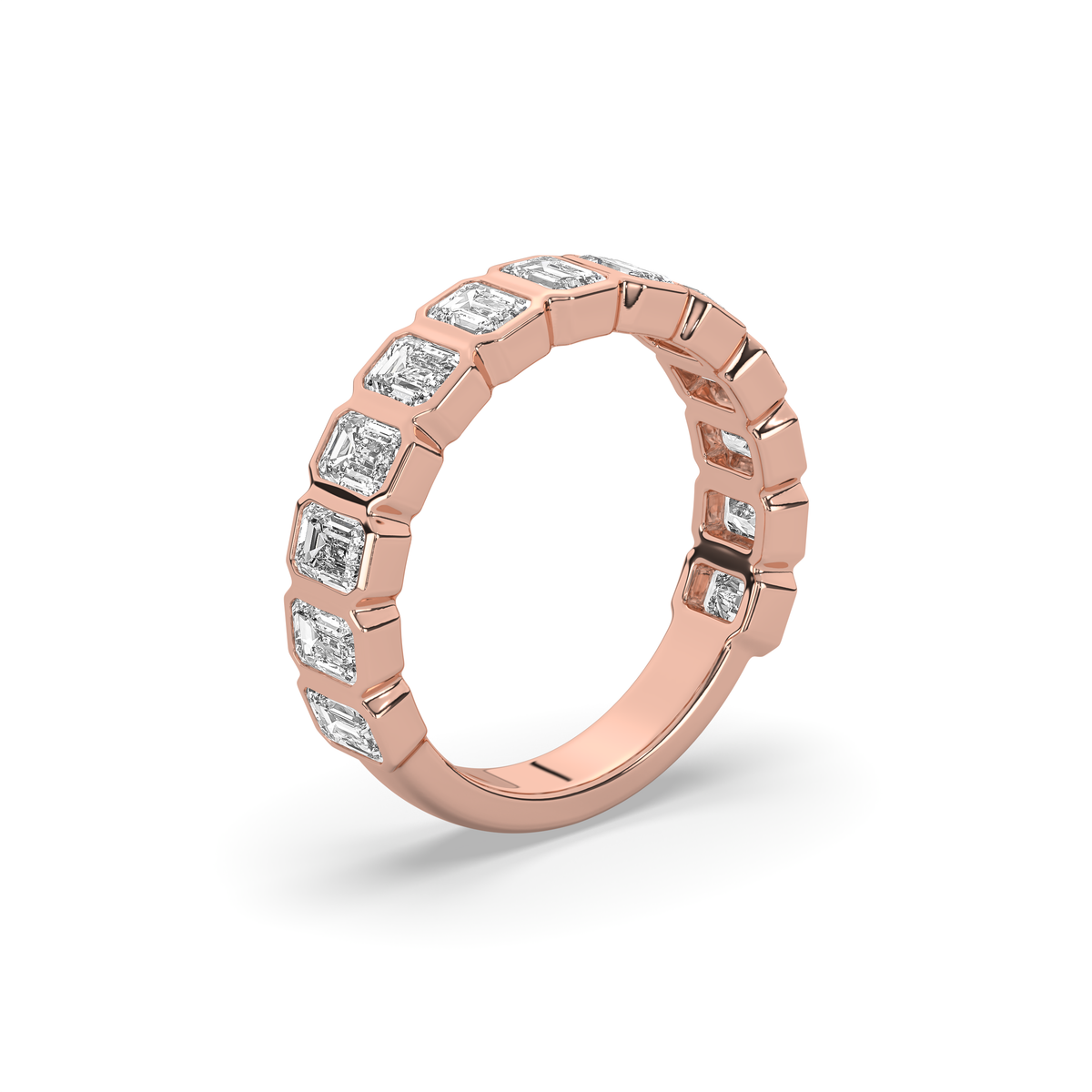 14k gold ring set with a row of emerald-cut lab-grown diamonds in a multi-stone setting