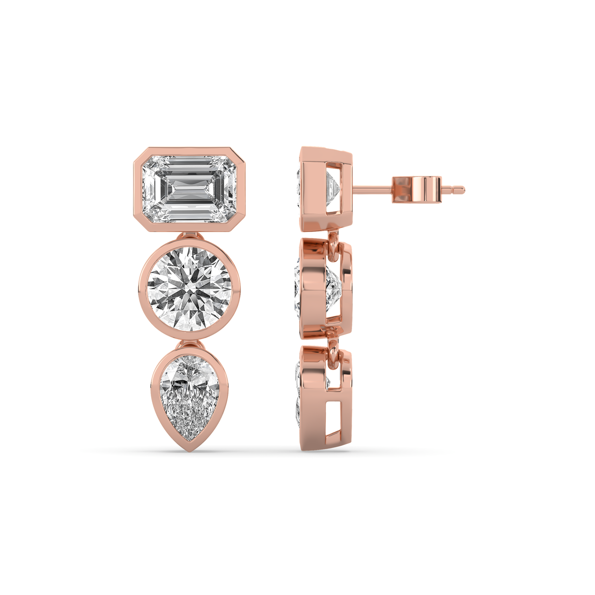 14k yellow gold drop earring with an emerald-cut, round, and pear-shaped lab-grown diamond arranged vertically