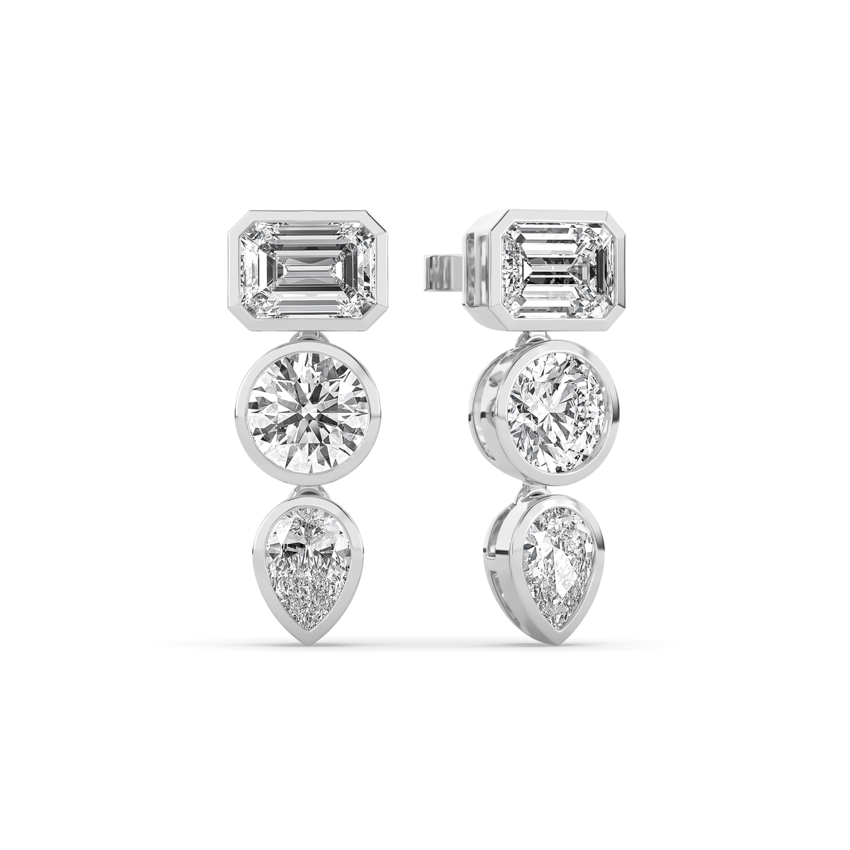14k yellow gold drop earring with an emerald-cut, round, and pear-shaped lab-grown diamond arranged vertically