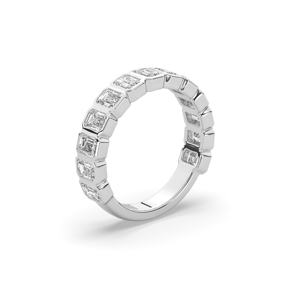 14k gold ring set with a row of emerald-cut lab-grown diamonds in a multi-stone setting