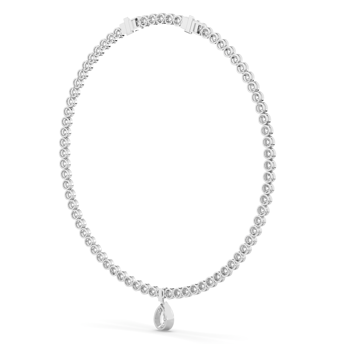 14k yellow gold necklace with a line of round lab-grown diamonds and a single pear-shaped diamond at the center