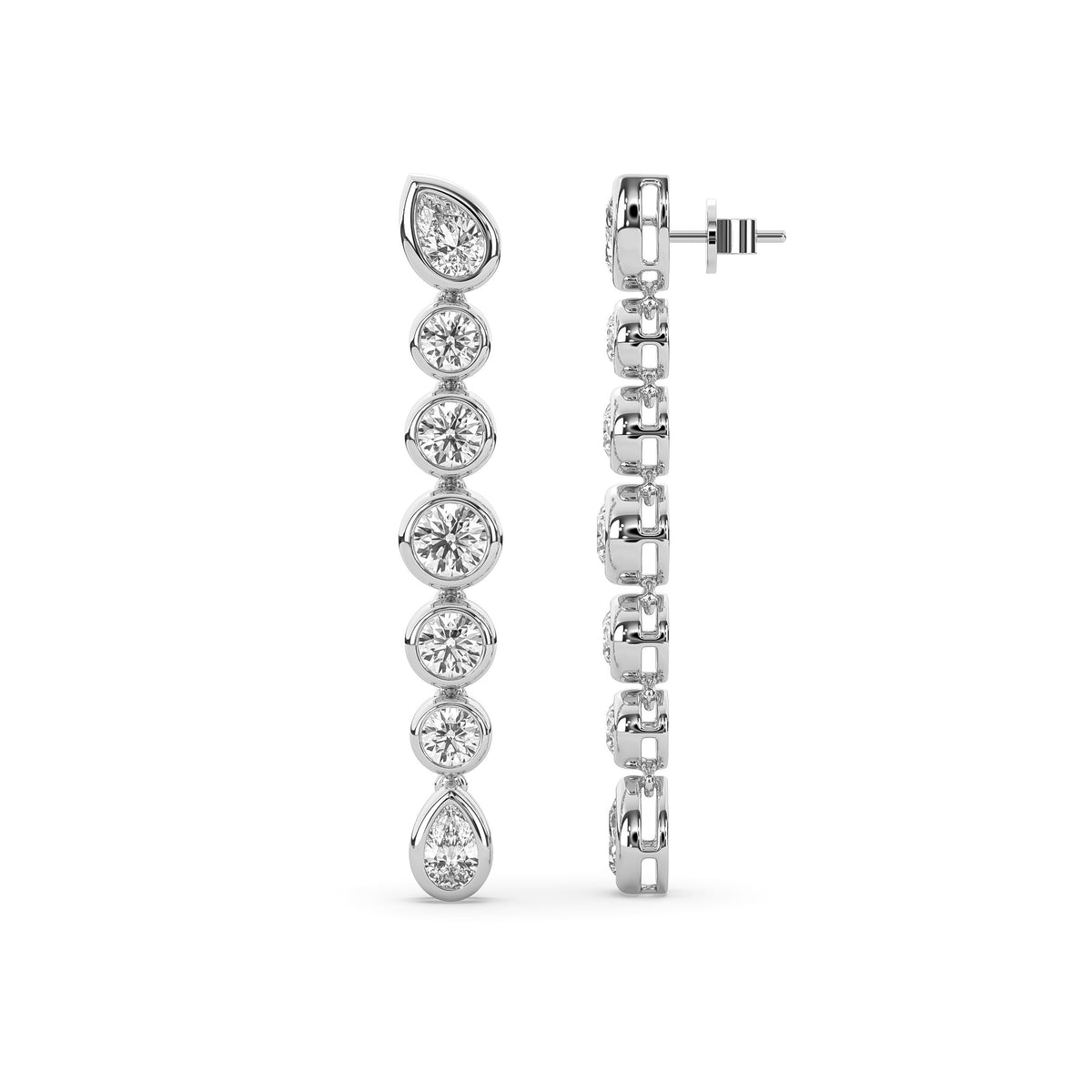 14k yellow gold drop earring with graduated round lab-grown diamonds between two pear-shaped diamonds