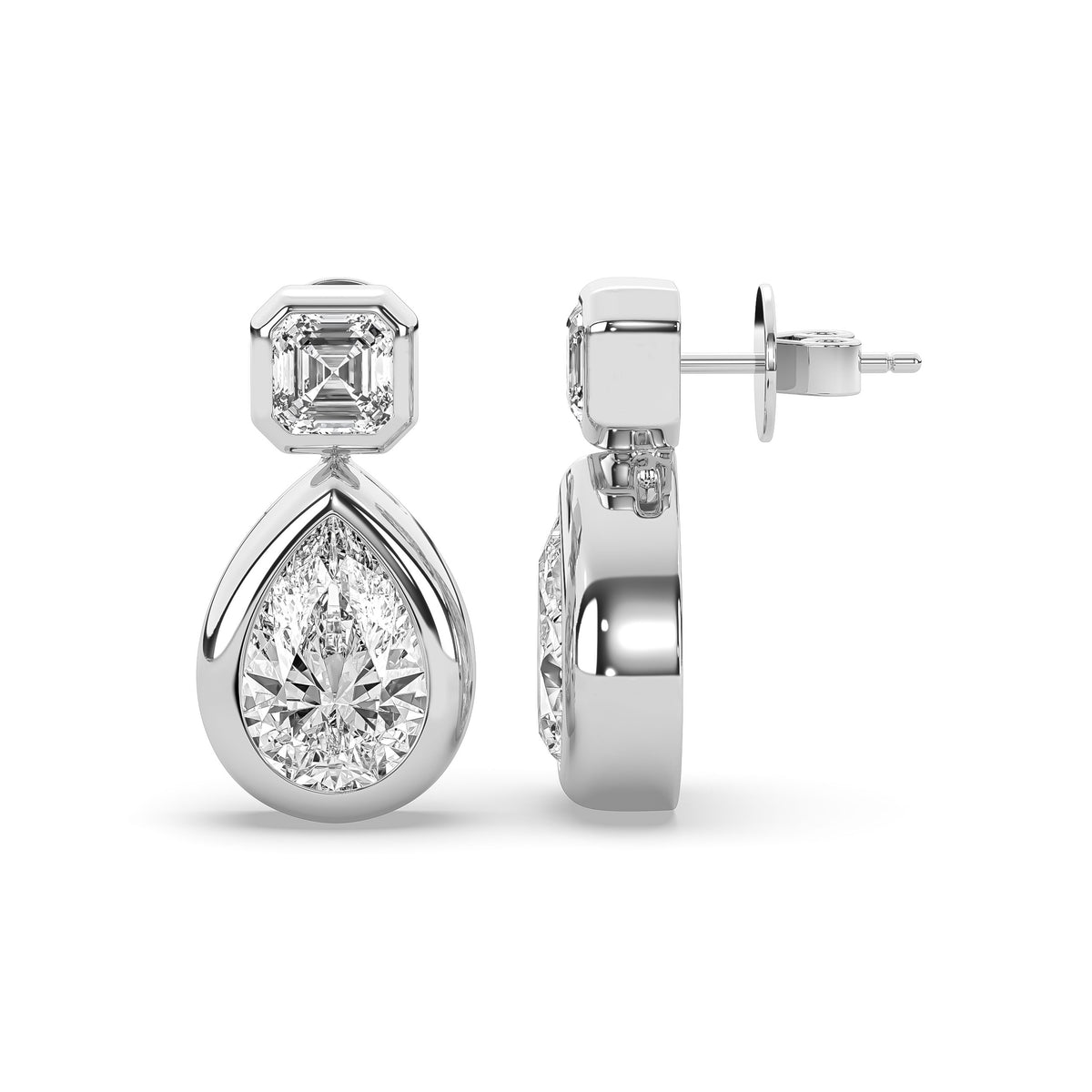14k yellow gold drop earring pairing a square emerald-cut lab-grown diamond with a pear-shaped diamond below it