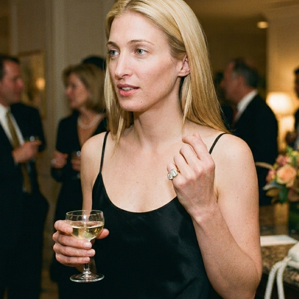 model shot of Carolyn Bessette Kennedy wearing a signet ring with lab grown diamonds from her collection