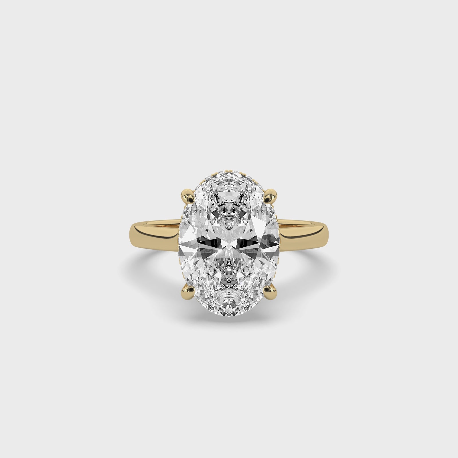 product video of ALVA Double Halo Oval Diamond Engagement Ring in yellow gold in a white background